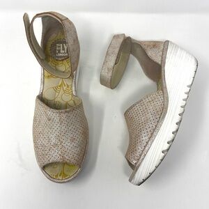 Fly London Yake Perforated Metallic Leather Wedge Sandals